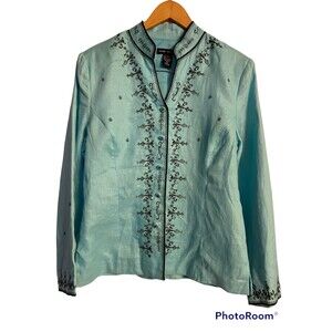 Vintage Anne Carson Linen Embroidered Blouse Very Nice Size L (Turquoise?)